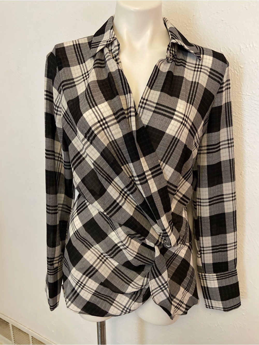 Laundry By Shelli Segal Black and White Plaid Twist-Front Button Down
